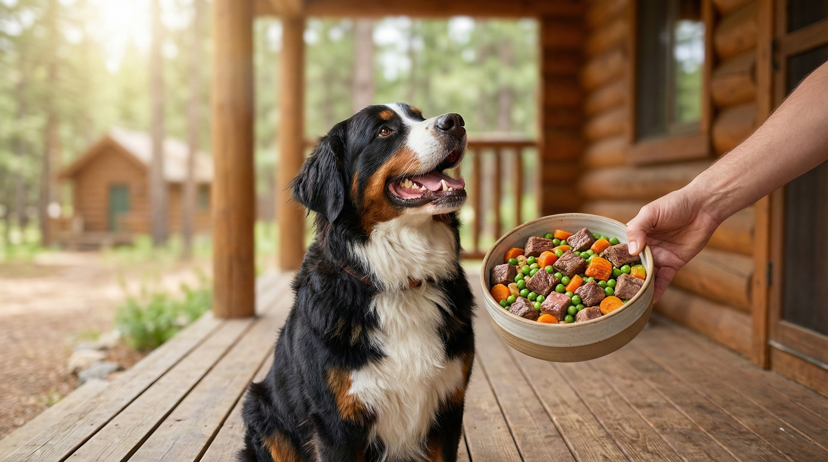 Happy dog with empty food bowl
