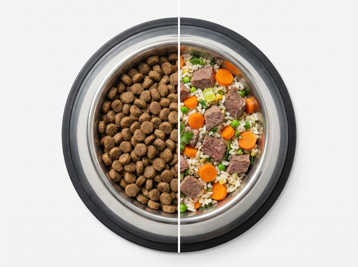Split bowl showing kibble versus fresh food
